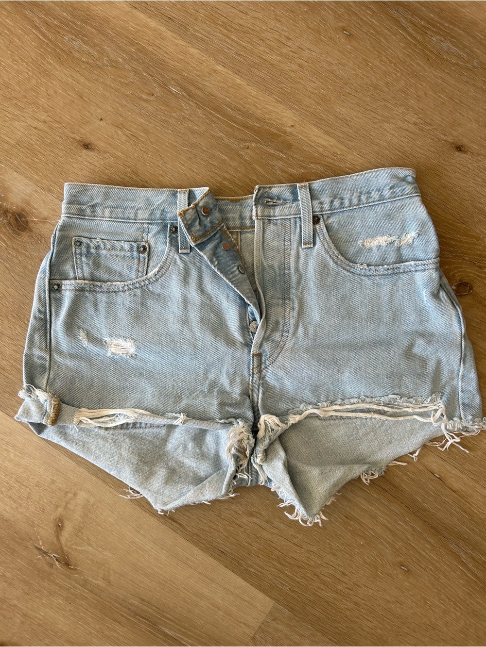 Levi's Light Blue Distressed High-Rise Denim Shorts
